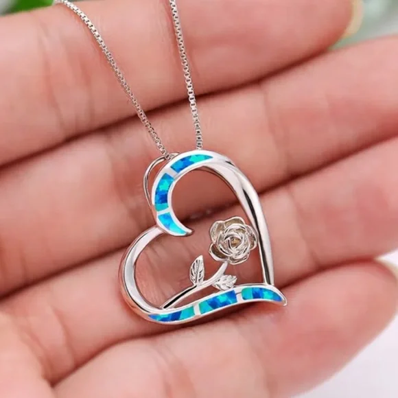 🆕 | Blue Simulated Opal | Rose Flower | 14K White Gold Plated Women’s Necklace - Picture 2 of 7